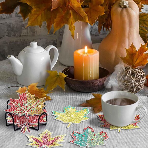 10 Pcs Diamond Art Coasters with Holder, DIY Maple Leaf Diamond Painting Coaster - Picture 2 of 7